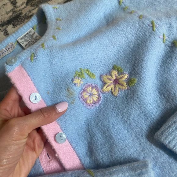Vintage White Stag Baby Blue Embroidered Cardigan Womens Medium - Picture 8 of 8